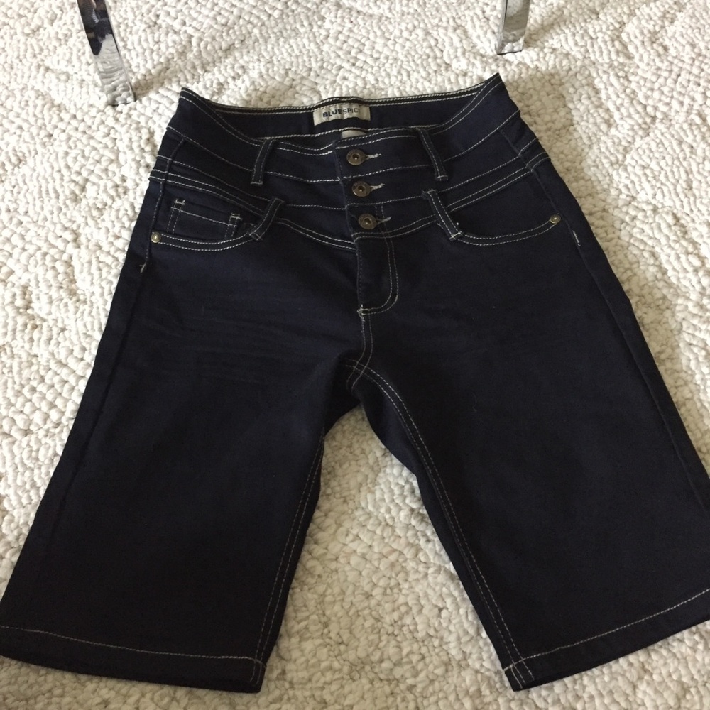 Blue Spice Stretchy Dark Blue Long Jean Shorts 7